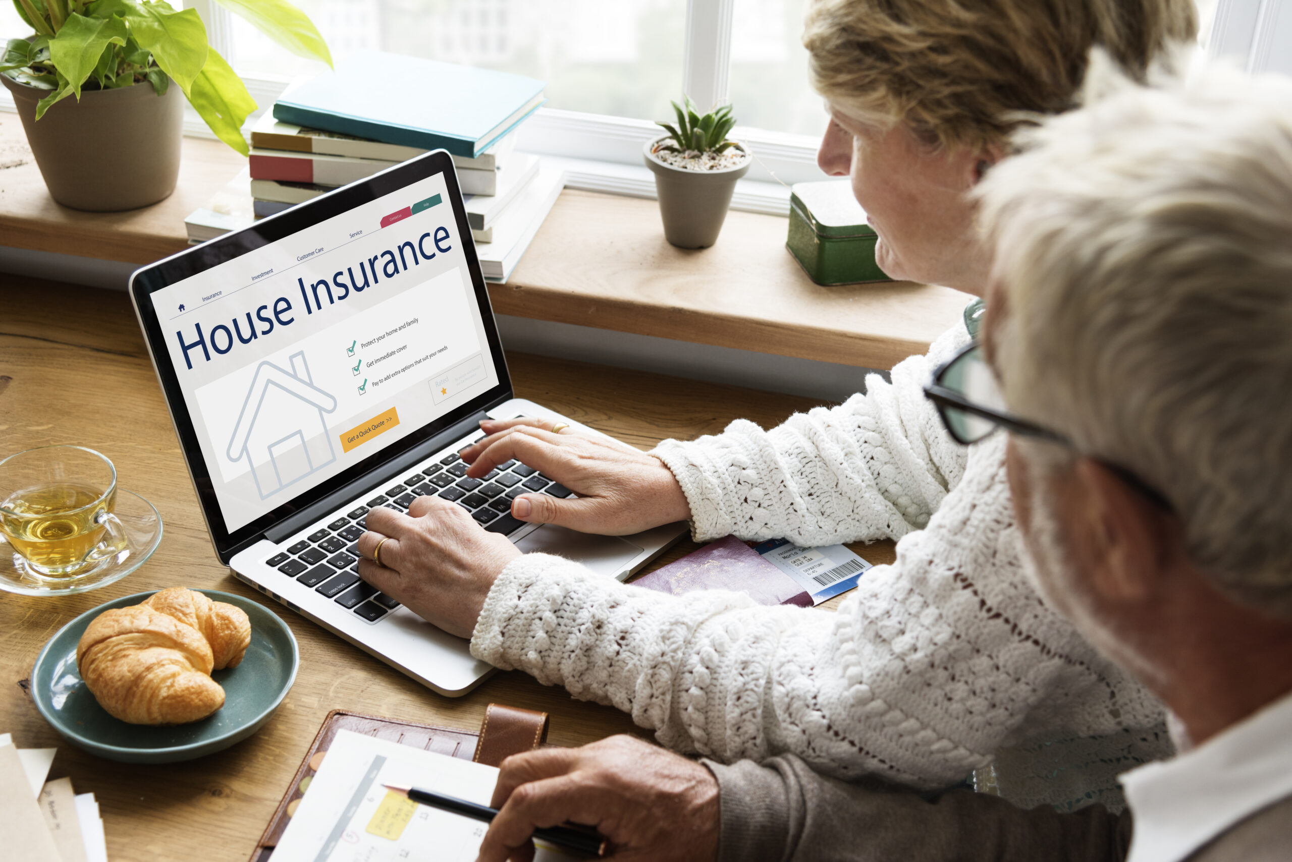 Senior couple using a laptop to review house insurance policy for roof damage